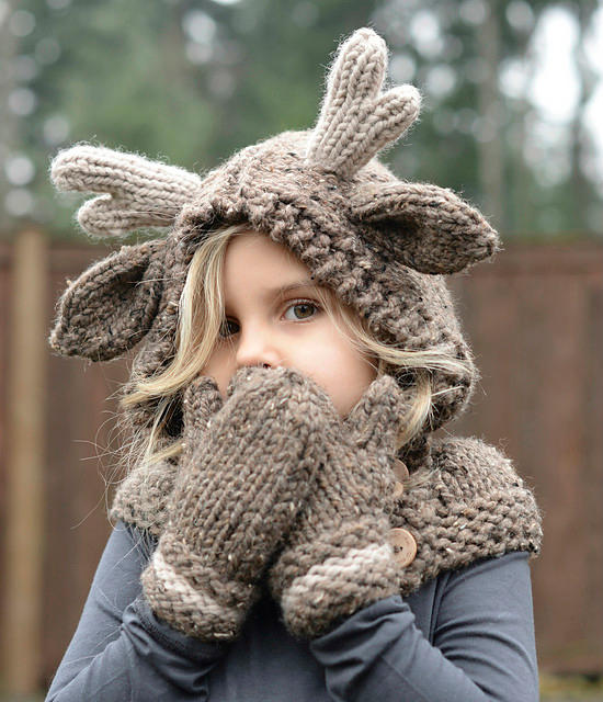 Heidi May编织作品 森林里的精灵 暖暖的鹿精灵连帽围脖与手套套装