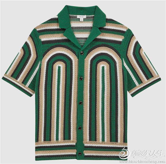 橫豎條紋古巴領男士鉤織結合短袖襯衫（reiss）
