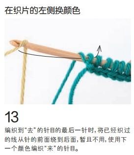 編織到“去”的針目的最后一針時，將已經(jīng)織過的線從針的前面繞到后面，暫且不用，使用下一個顏色編織“來”的針目 。