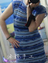 蓝颜 钩针编织段染蕾丝连衣修身裙