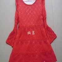 大红菱格棒针编织长袖连衣裙
