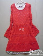 大红菱格棒针编织长袖连衣裙