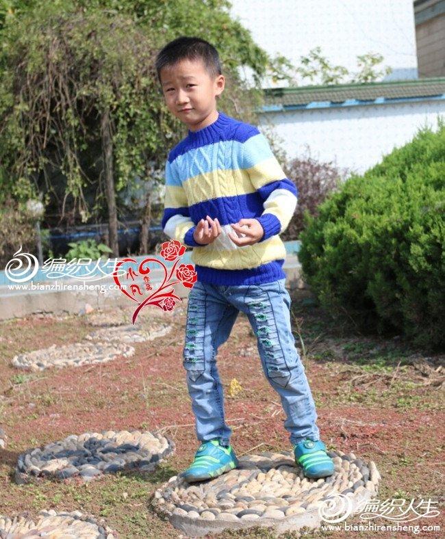7岁男童棒针编织配色套头毛衣