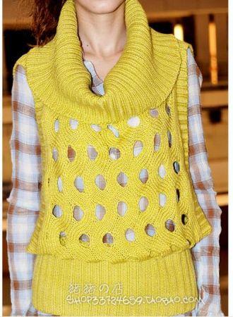 韩国秋款最新镂空堆堆领不规则针织罩衫 姜黄色