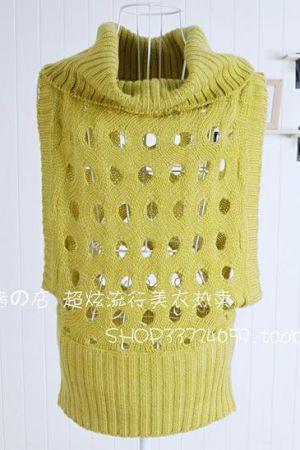 韩国秋款最新镂空堆堆领不规则针织罩衫 姜黄色