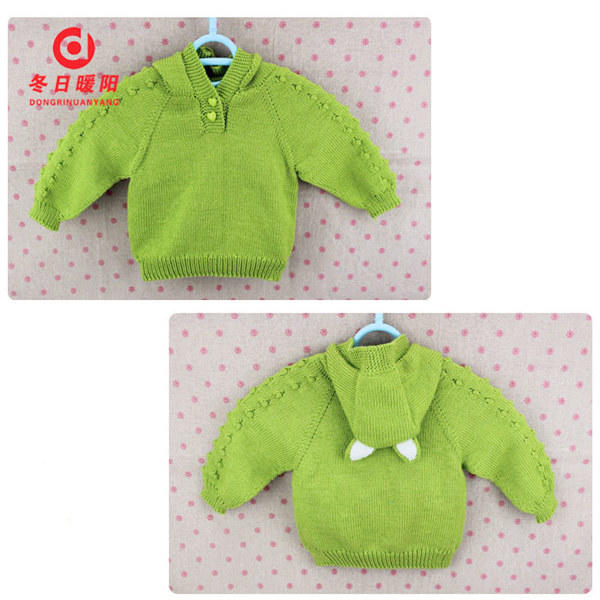 绿色小动物帽衫(3-1)儿童棒针动物造型连帽套头毛衣织法视频