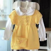 云棉2柠檬黄钩织结合儿童短袖裙衣