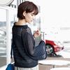 時尚卷邊領(lǐng)微喇闊袖女士棒針鏤空套衫