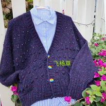 紫蓝彩豆 时尚大方女士棒针彩点羊毛V领开衫短外套毛衣