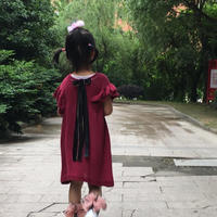酒红色丝麻法式儿童棒针小飞袖连衣裙
