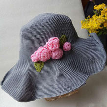灰粉的浪漫 玫瑰花女士钩针宽檐帽 
