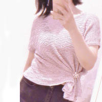 波浪 粉紫亞麻女士棒針鏤空花短袖套衫