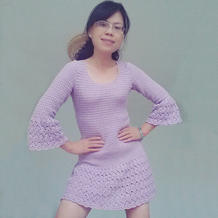 紫烟 女士钩针微喇袖圆领连衣裙