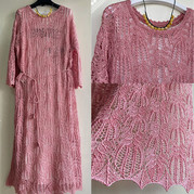 肉粉色棉亮片线女士棒针棕榈花镂空花长袖连衣裙
