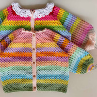 彩虹外套 从领口向下织儿童钩针祖母方格开衫