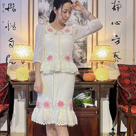 粉色玫瑰 梦幻浪漫钩织结合女士编织套装（上衣+鱼尾半裙）