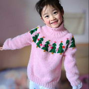 圣诞树 粉色水貂绒圣诞树图案儿童棒针圆肩毛衣