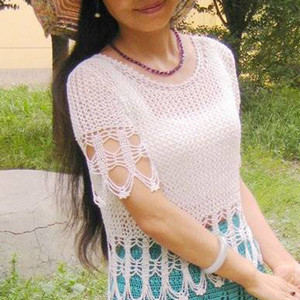 玉梨花 別致流蘇冰絲線女士鉤針短袖套衫