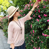 垂珠滴4 經典斗雞眼鏤空花樣女士棒針中袖套衫