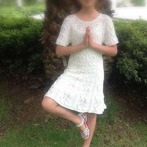 白色夏葉 仿志田款兒童棒針葉子花短袖連衣裙 