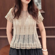 底边袖口蕾丝花样云素亚麻女士棒针短袖