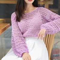 紫诺 简洁大方大圆领灯笼袖女士钩衣编织视频教程