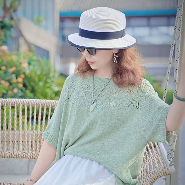 相惜Tee 紬丝马鞍圆肩女士棒针短袖衫